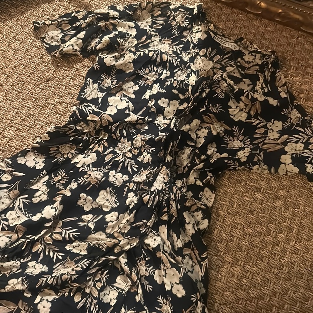 Zara Black Creme Floral Front Wrap Dress